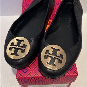 Tory Burch Minnie Black Travel Flats with Gold Logo Size 9